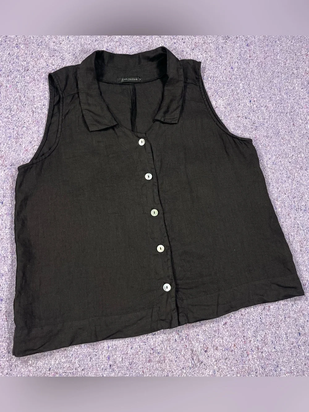 Cut Loose Sleeveless Black Linen Button Up Top Size Medium